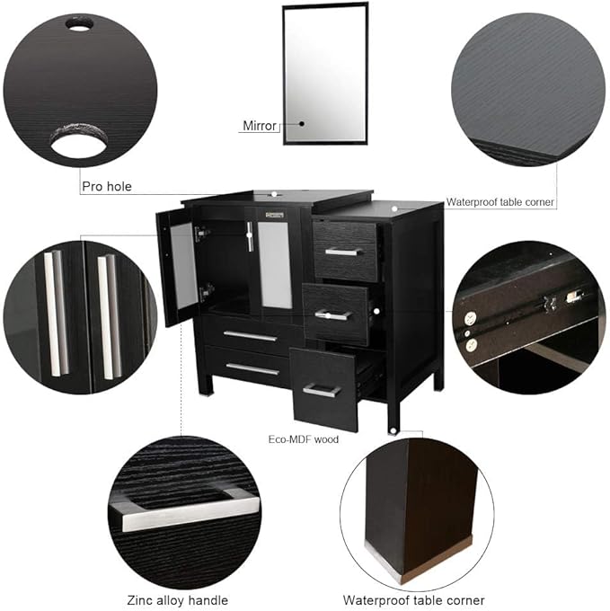 eclife 60" Modern Bathroom Vanity Sink Combo Freestanding Cabinet with Small Side Cabinet, Blue Boat Glass Vessel Sink, Water Save Faucet, Drain (Black+A29BU)