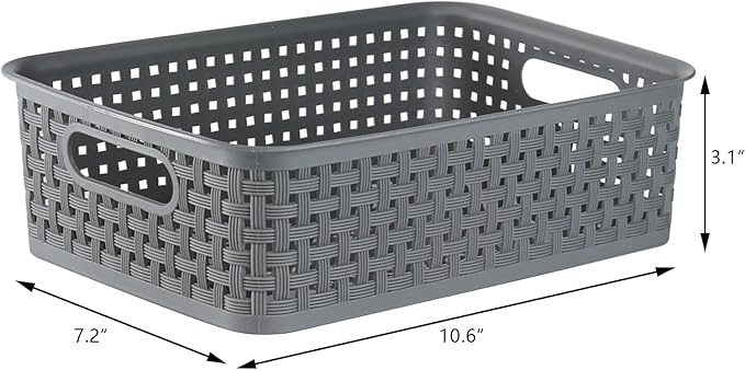 Plastic Storage Baskets - 6 Pack, Gray, Woven Storage Organizer Basket Small Stackable Plastic Weave Baskets, 10.6 x 7.2 x 3.1 inches