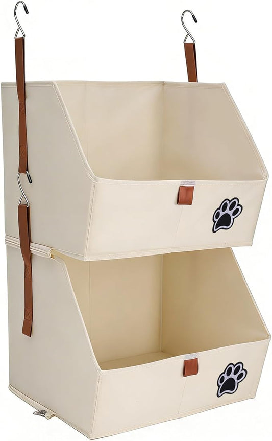 2-Tier Dog Shelves Storage Organizer, Dog Toy Basket, Hanging Closet Organizer for Pet, Fabric Storage Bins Dog Cabinet, Collapsible Baskets for Dog Toys,Colloar,Clothes,Blanket -Beige
