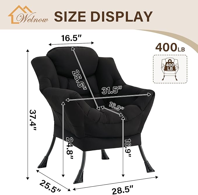 Welnow Lazy Chair for Living Room, Modern Reading Lounge Accent Chair with Armrests and a Side Pocket, Leisure Upholstered Lazy Sofa for Small Space, Bedroom, Dorm, Black