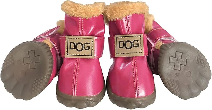 Winter Dog Boots & Paw Protectors: Outdoor Anti-Slip Dog Snow Shoes, Dog Booties Provide Warmth to Dogs Paws from Ice and Snow, Rubber Sole PU Leather Upper Faux Fleece-Lined, Pink Dog Shoes Size 4
