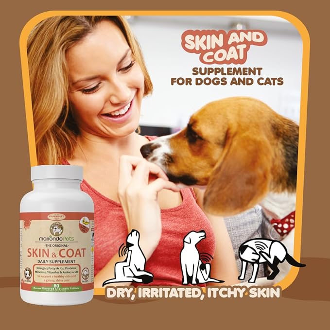 Skin and Coat Supplement with Fish Oil and Omega 3 for Dogs and Cats - Dog Itch Relief Pet Supplement for Shedding, Dry Itchy Skin and Allergies - Dog Allergy Treatment Vitamins (2-Pack, 120 Tabs)