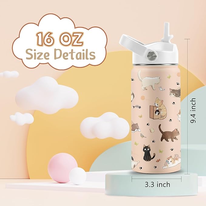 Cat Lover Gifts for Boys Girls, 16 oz Stainless Steel Insulated Water Bottle with Straw Lid, Cats Water Bottle for Cat Lovers, Cute Cat Tumbler for Birthday Christmas (1pcs)