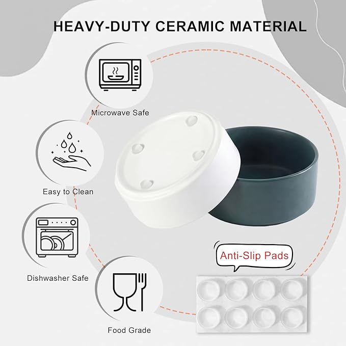 Ceramic Dog Bowl for Food and Water - Pet Feeder Bowl for Small Dogs and Cats - Heavy Ceramic Feeding Dish with Non Slip Base - Dishwasher & Microwave Safe - Set of 2 Bowls - 5Inch/1.4 Cups - Black
