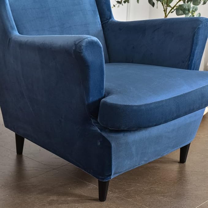 OBCREAT Wingback Chair Covers,2 Piece Stretch Velvet Wingback Chair Slipcover Soft Wing Chair Sofa Covers with Elastic Bottom,Armchair Couch Cover Furniture Protector for Living Room (Navy)