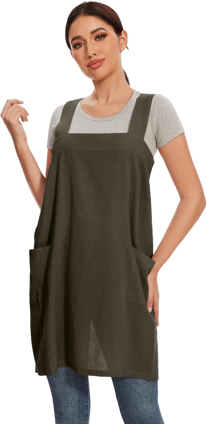Women Apron with 2 Pockets Cotton Linen Kitchen Baking Cooking Chef Cross Back Pinafore Dress