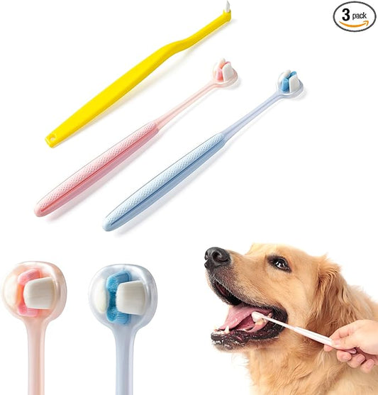 E.M&S.T by Emmeliestella Dog Toothbrush Teeth Cleaning Kit，Three-Sided，Dental Plaque Removal，Oral Hygiene，Freshen Dogs Breath，Reduce Tarta，Extra Soft Bristles, Independent Packaging, Blue&Pink 3PCS