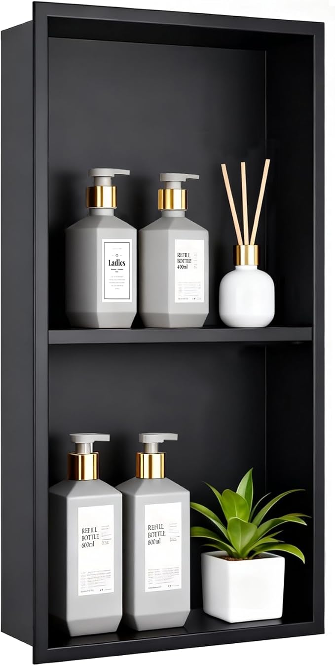 EasyVibe Matte Black 304 Stainless Steel Shower Niche 24 x 12 Inch, No Tile Needed Double Shelf Recessed Shower Wall Insert, Waterproof Bathroom Organizer for Toiletries & Storage