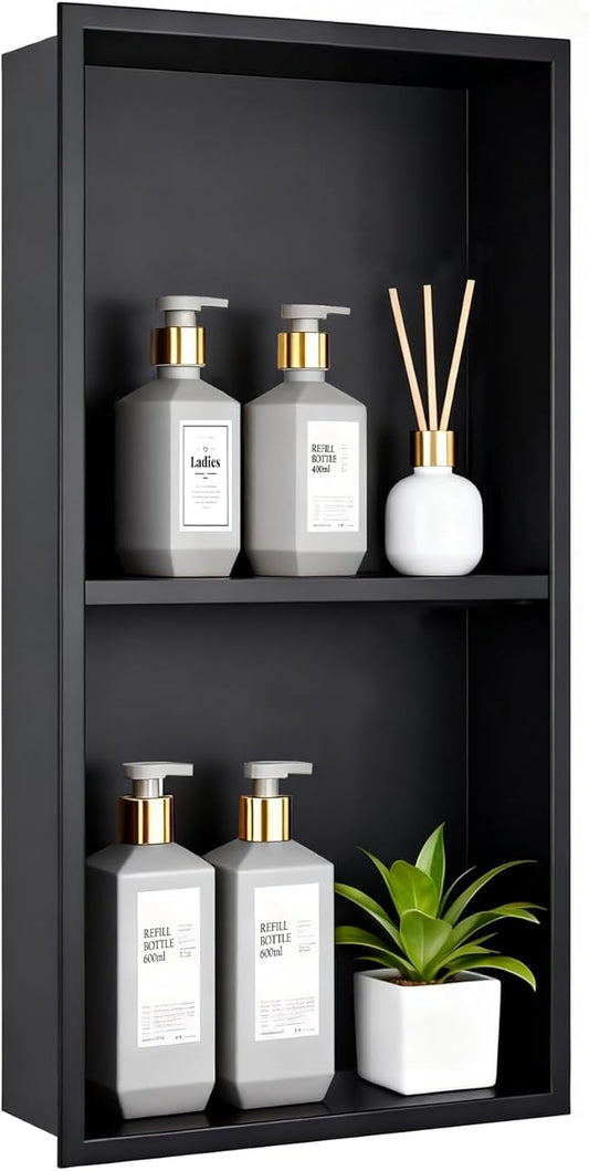 EasyVibe Matte Black 304 Stainless Steel Shower Niche 24 x 12 Inch, No Tile Needed Double Shelf Recessed Shower Wall Insert, Waterproof Bathroom Organizer for Toiletries & Storage