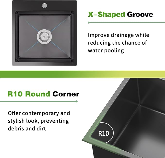 Black Kitchen And Bar Sink, 18x18 Inch Stainless Steel Drop In Modern Single Bowl Small Kitchen And Bar Sink Combo-SS Grid,Silicon Mat,Drain Strainer Set Compatibility With Modern&Classic Style