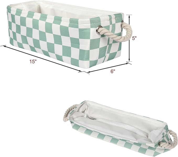 3Pcs Sage Green Checkered Canvas Basket, Small Rectangular Organizing Decorative Storage Basket for Kids, Dog Toy, Cute Aesthetic Checkered Room Decor for Home, Bedroom, Shelves (Green)