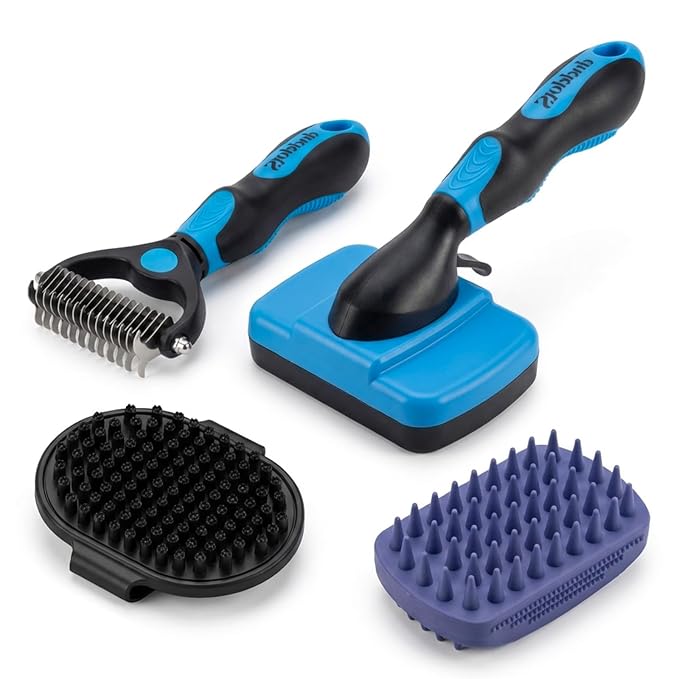 4PCS Self Cleaning Slicker Brush, Pet Grooming Rake, Bath Brush & Massage Brush for Short/Long Haired Dogs, Cats & Horses, Pet Grooming Deshedding Tools - Pet Supplies (Blue Black)