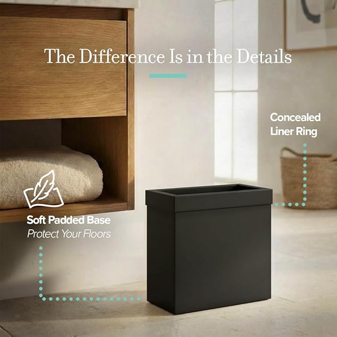 Gatco Small Bathroom Trash Can with Lid, Rectangle 3 Gallon Stainless Steel Wastebasket, Under Sink, Matte Black, for Bathroom, Bedroom, Office (1918)