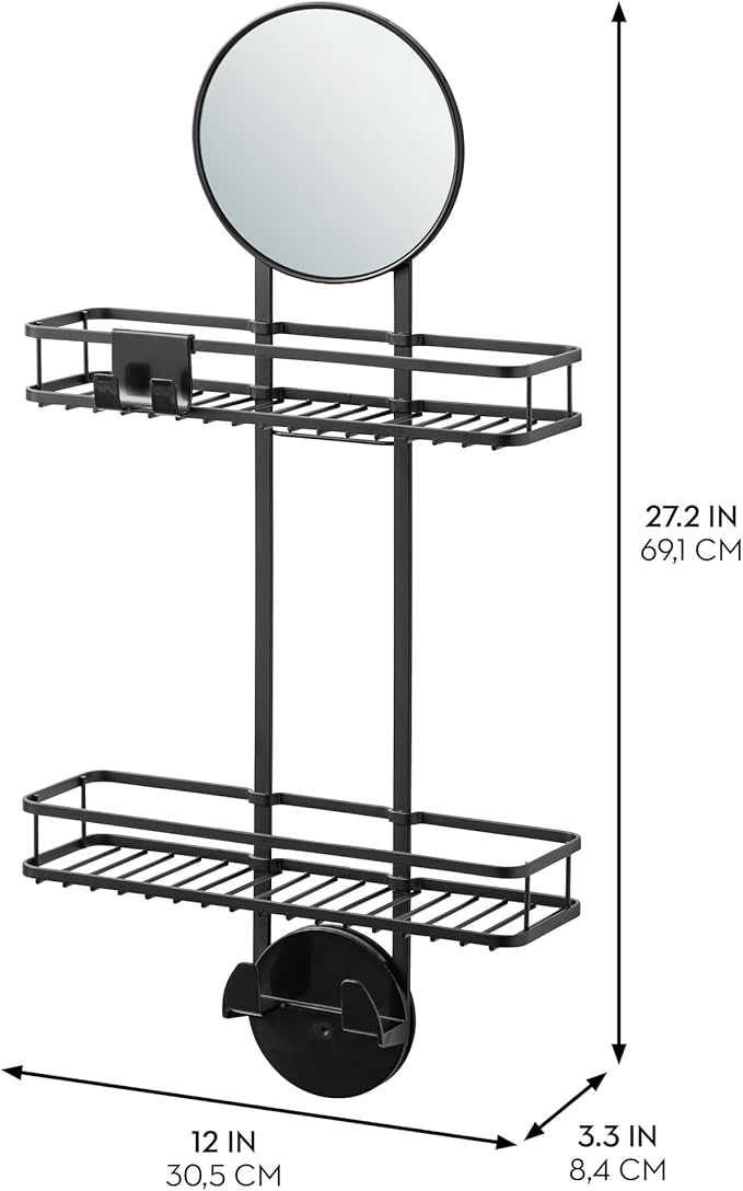 iDesign Self-Adhesive Shower Caddy with Mirror and Accessory Hooks - Matte Black
