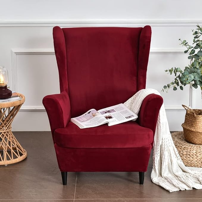 OBCREAT Wingback Chair Covers,2 Piece Stretch Velvet Wingback Chair Slipcover Soft Wing Chair Sofa Covers with Elastic Bottom,Armchair Couch Cover Furniture Protector for Living Room (Wine Red)