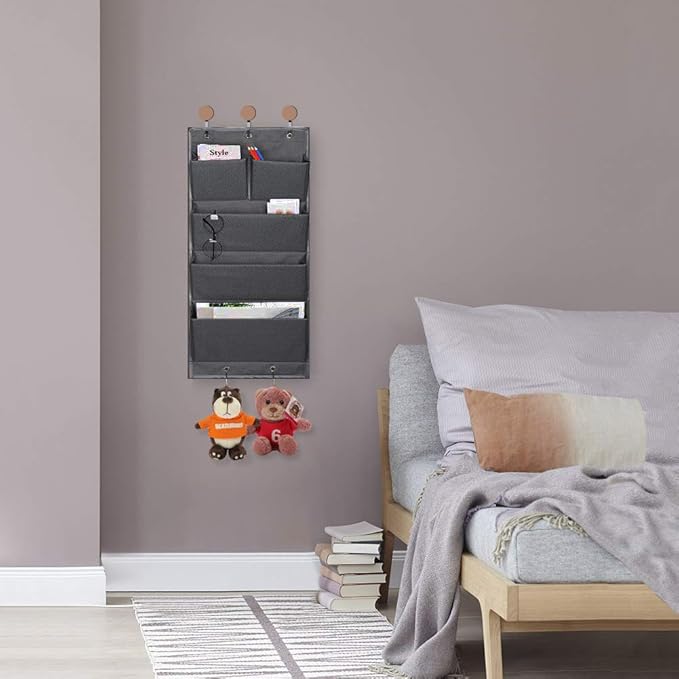 5 Pockets Over the Door Organizer and Storage Hanging with Hooks, Wall Mount Office Supplies File Folders Document Holder for Notebooks, Paper,Supplies, Closets, Families, Filing (Gray)
