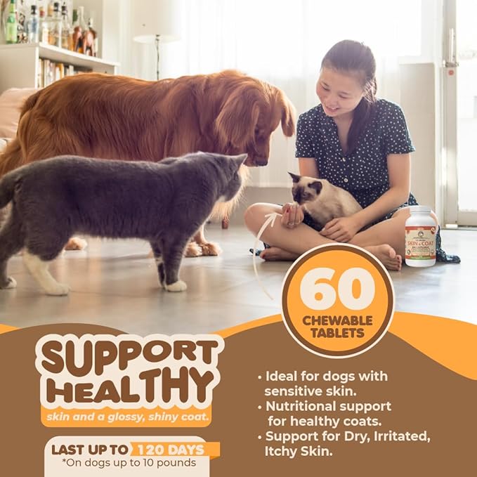 Skin and Coat Supplement with Fish Oil and Omega 3 for Dogs and Cats - Dog Itch Relief Pet Supplement for Shedding, Dry Itchy Skin and Allergies - Dog Allergy Treatment Vitamins (60 Tabs)