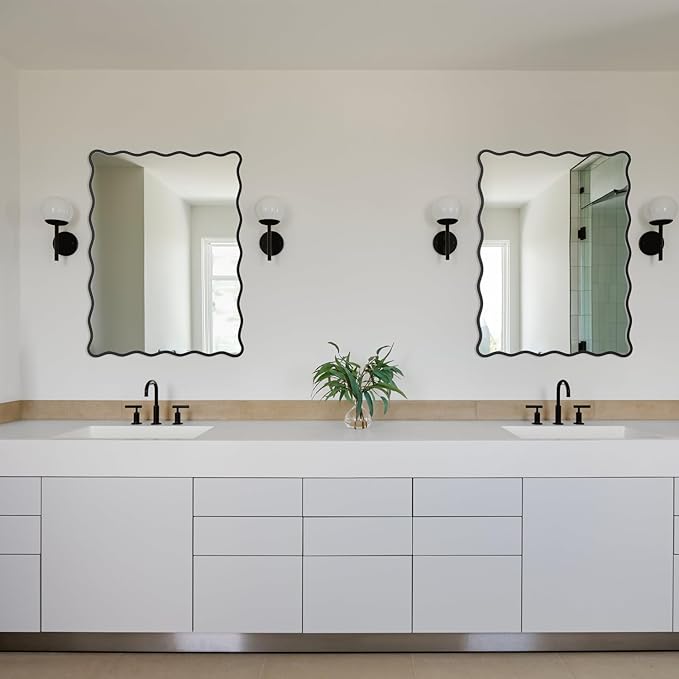 Rectangle Wavy Wall Mirror for Bathroom,18"x24" Black Scalloped Wood Frame Vanity Mirror Decorative for Bedroom Living Room Home House Office Entryway