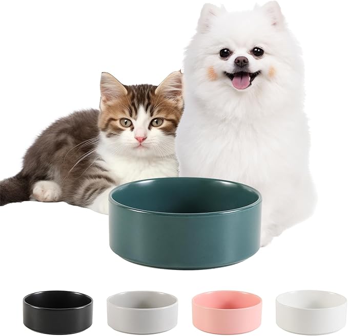 Ceramic Dog Bowl for Food and Water - Pet Feeder Bowl for Small Dogs and Cats - Heavy Ceramic Feeding Dish with Non Slip Base - Dishwasher & Microwave Safe - 5 Inch - 1.4  Cups - Green