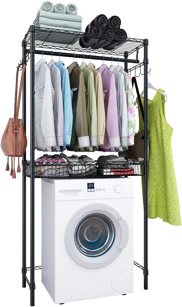 Xiofio Washer and Dryer Storage Shelf,Clothes Drying Rack,2 Tier Adjustable Height Storage Wire Basket with 2 Side Hook Laundry Shelves Used for Bathroom, Bedroom,Balcony,Black