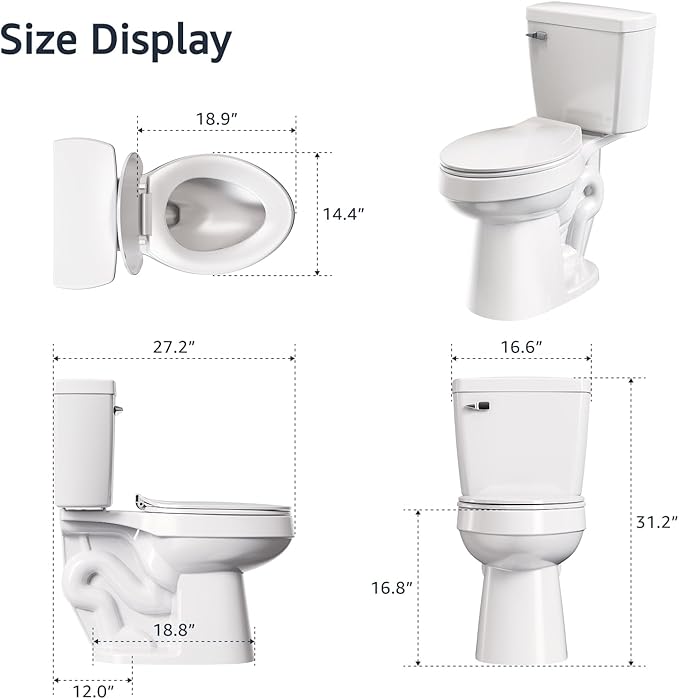 White 2-piece Elongated Toilet with Standard 12-in Rough-in, ELLAI Powerful Single Flush 1.28 GPF ADA Chair Height Toilet (Seat Included)