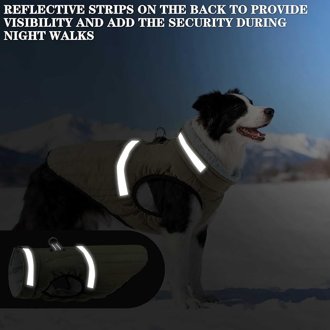 EXPAWLORER Dog Winter Coat Jacket, Thick Warm Waterproof Reflective Puppy Snowsuit With Harness Buit In, Pet Fleece Vest Soft Turtleneck With Zipper Cold Weather For Small Medium Large Dogs - Green, L