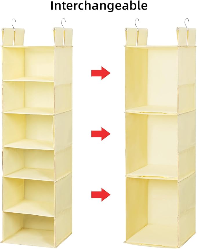 Posprica Interchangeable Hanging Closet Organizer – 6 Slim Tiers or 3 Spacious Compartments, Foldable Dual-Sided Fabric Shelf for Wardrobe, RV, Dorm(Beige)