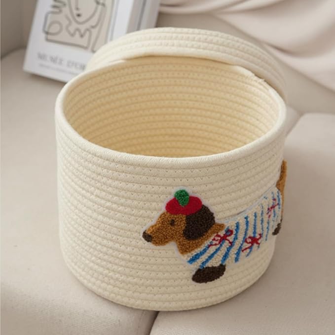 Novabright 2 Pcs Dog Woven Basket with Lid Cute Toy Storage Bin Cotton Rope Puppy Animal Storage Basket for Laundry Toy Pet Gift Organizer for Clothes Towels