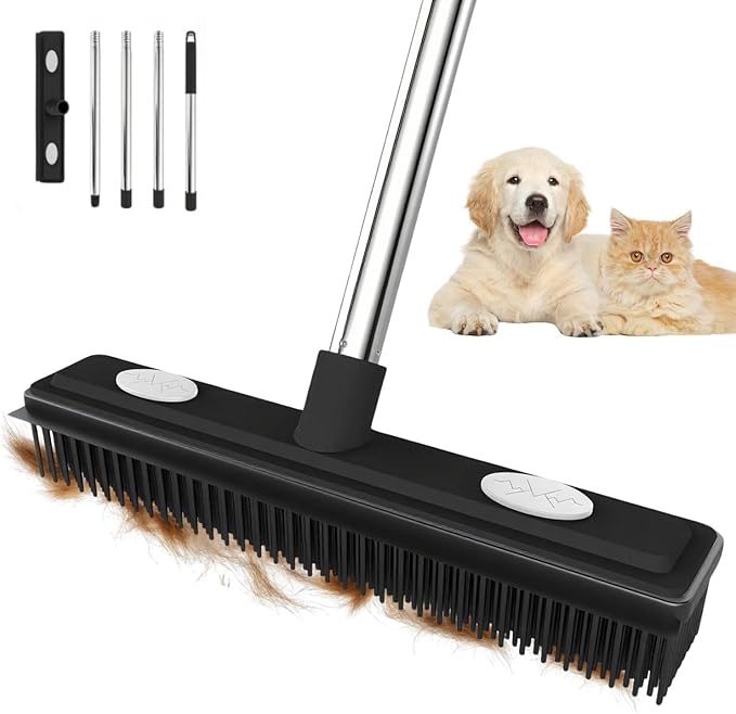 Pet Hair Remover Carpet Rake X 2 Reusable Rubber Broom with Squeegee for Sweeping Pet Hair Removal Tool 59" Long Handle Cat and Dog Hair Remover for Rugs, Carpet, Hardwood Floor, Tile