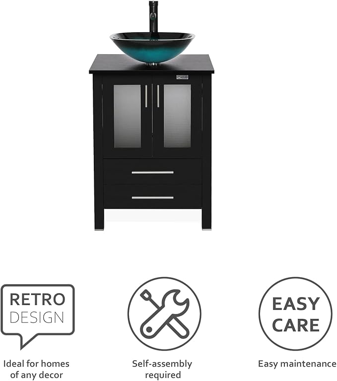 eclife 24" Modern Bathroom Vanity Sink Combo Freestanding Cabinet with Soft Closing Door, Turquoise Square Glass Vessel Sink, Water Save Faucet, Drain (Black+A10)