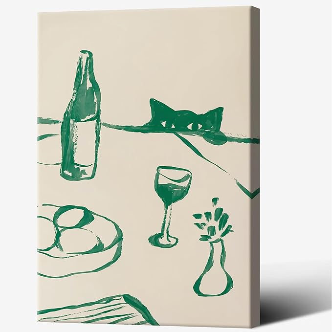 Sneaky Cat Wine Wall Art Funny Kitchen Animal Poster Whimsical Pet Wall Decor Abstract Scandi Dinner Sketch Prints Painting For Living Room Dining Room Wall Decor 24x36in Wrapped Canvas