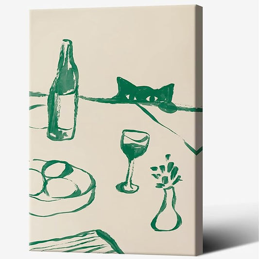 Sneaky Cat Wine Wall Art Funny Kitchen Animal Poster Whimsical Pet Wall Decor Abstract Scandi Dinner Sketch Prints Painting For Living Room Dining Room Wall Decor 24x36in Wrapped Canvas