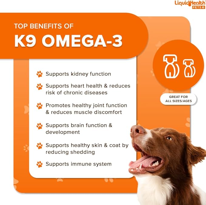 Liquid Health Pets K9 Omega 3 Fish Oil for Dogs - Liquid Omega 3 Supplement for Pets with EPA + DPA + DHA - Reduce Itching & Shedding, Support Joints, Immunity, Brain, Heart Health - USA Made (3 Pack)