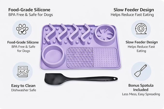 Dog Lick Mat with Bowls & Spatula, Slow Feeder Licking Tray for Dogs, Anxiety Relief Enrichment Mat, Food-Grade Silicone, Non-Slip, Dishwasher & Freezer Safe