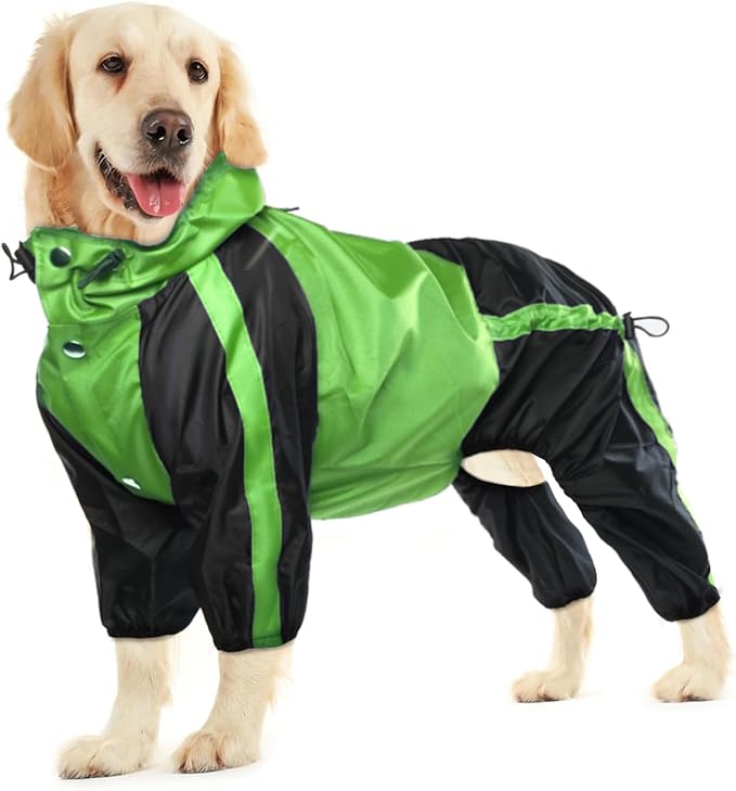 Lightweight Dog Rain Jacket, Adjustable 4-Legs Pet Poncho with Hood, Snow-Proof Dog Vest Rainwear, Rain Clothes Apparel with Leash Hole