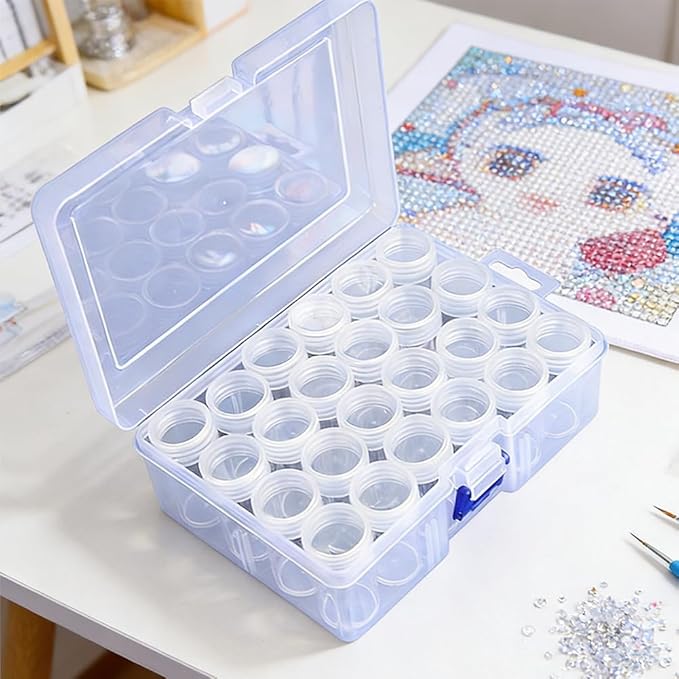 Diamond Art Painting Storage Containers with Lids & Labels - 24pcs Clear Round Beads Organizer Box for DIY Crafts, Jewelry, Small Items | Portable Stackable Art Supply Case with Stickers
