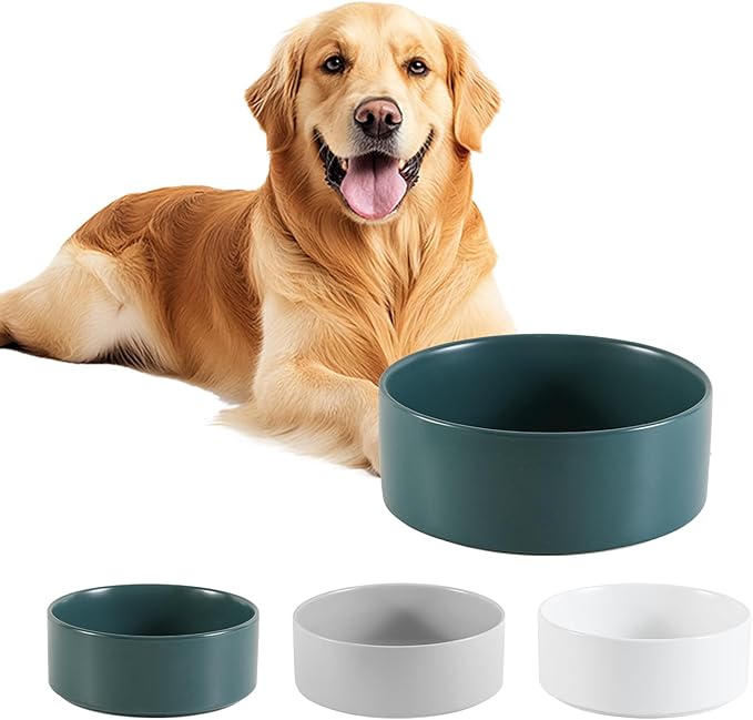 Ceramic Dog Bowl for Food and Water - Pet Feeder Bowl for Medium to Large Dogs - Heavy Ceramic Feeding Dish with Non Slip Base - Dishwasher & Microwave Safe - 8 Inch - 7.5 Cups - Green