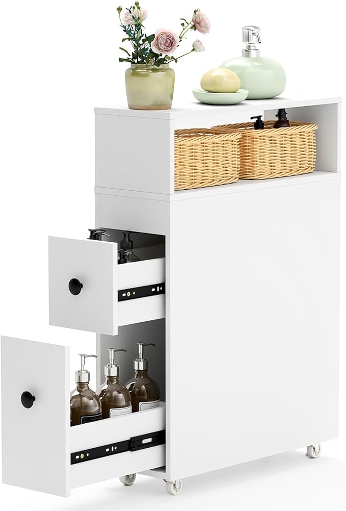 Tangkula Slim Bathroom Storage Cabinet, Movable Narrow Toilet Side Cabinet w/2 Slide Out Drawers, 2 Rattan Baskets & Shelves, Toilet Paper Holder on Wheels for Small Spaces