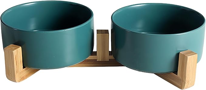 Ceramic Dog and Cat Bowls with Wooden Stand, Modern Design Pet Food and Water Dishes Set for Medium and Large Dogs, Non-Slip Feeding Station with Weighted Base, Green, 28.7 oz - Set of 2