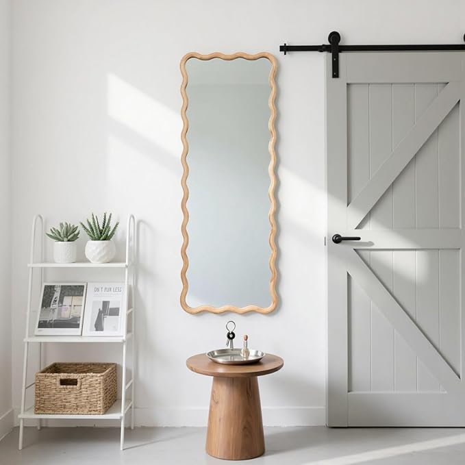18"x48" Long Irregular Wavy Full Length Wall Mirror, Wood Framed Full Body Floor Mirror Leaning Against Wall for Dressing Bedroom Living Room Cloakroom Horizontal or Vertical Hanging Nature