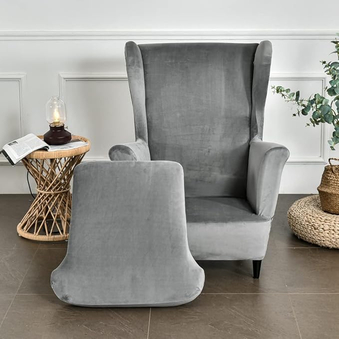 OBCREAT Wingback Chair Covers,2 Piece Stretch Velvet Wingback Chair Slipcover Soft Wing Chair Sofa Covers with Elastic Bottom,Armchair Couch Cover Furniture Protector for Living Room (Grey)