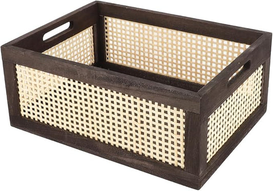 Bamboo Storage Basket, Wicker Storage Basket for Organizing, Wood Crate. (Brown-Large)