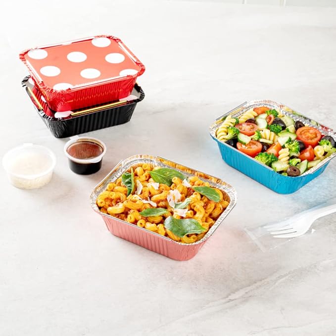 Restaurantware 12 Ounce Disposable Takeout Containers 50 Rectangle Food Containers - With Polka Dot Lids Pink Takeaway Containers Aluminum Delivery Containers Freezable