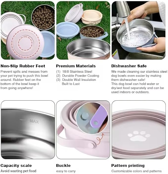 3-in-1 Travel Dog Bowl Set – 30 OZ Stainless Steel + 20 OZ Collapsible Water Bowl Lid | BPA-Free, Anti-Slip, Portable Dog Bowl w/Handle/Water Bottle Holder with Carabiner | Pink Bowls