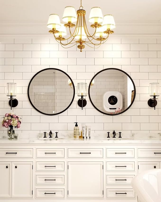 Growsun 28'' Black Round Mirror for Bathroom, Circle Bathroom Mirror for Wall, Entryway Living Room with Metal Frame for Home Decor