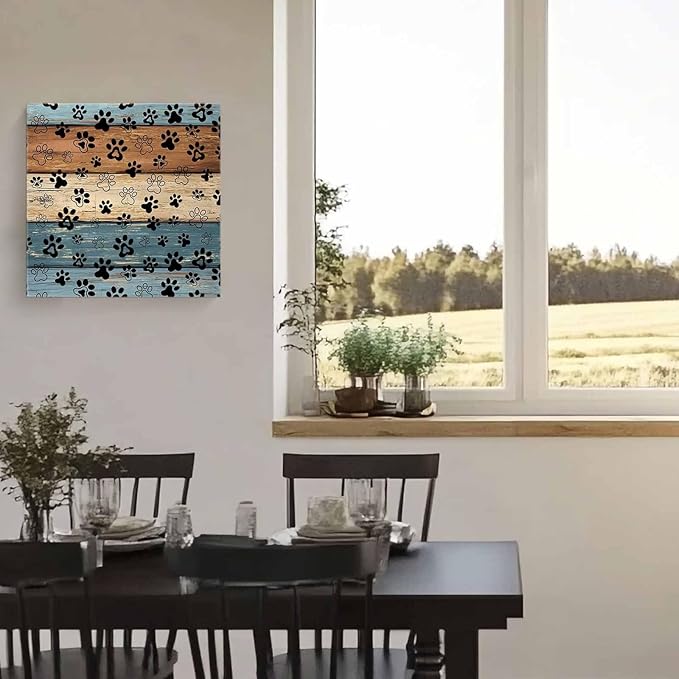 Framed Canvas Wall Art for Living Room Dog Paw Print Wall Decor, Retro Brown Mist Blue Wood Grain Aesthetic Paintings for Bedroom Office Kitchen Bathroom, Ready to Hang Wall Pictures 20x20 Inch