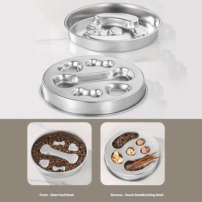 Stainless Steel Slow-Feed Dog Bowl Designed specifically for French Bulldog, This Double-Sided Anti-swallowing pet Food Bowl Features Raised barriers and is Easy to Clean C
