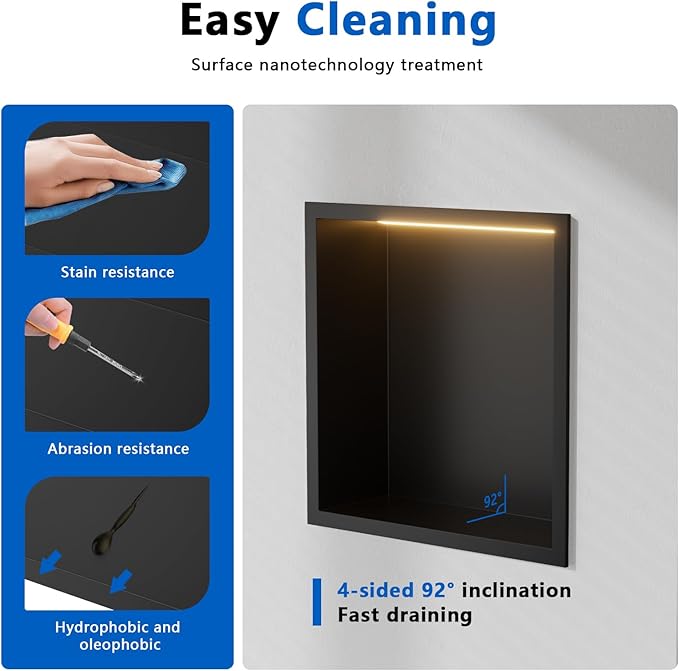 QAOYEDE 12"x12" Stainless Steel LED Shower Niche, Matte Black No Tile Needed Recessed Shelf, Over Mount Bathroom Wall Storage for Soap & Accessories