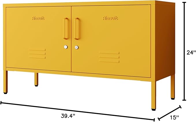 Yellow Metal Storage Cabinet with Lock, 2-Door Wide Organizer, Adjustable Shelves, Multifunctional TV Stand & Entertainment Center for Bedroom, Living Room, 24" H x 39.4" W x 15" D
