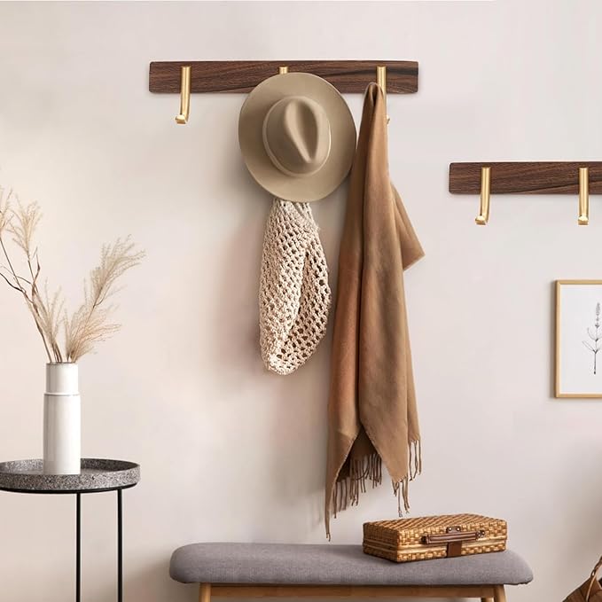 SARIHOSY] Wall Mounted Coat Rack,Multi Hook Hangers,Entryway Hanging Coat Rack,Metal Wood Coat Rail with 3 Hooks，Walnut Wood,zinc Alloy,Bedroom,Bathroom,Foyer,Living Room,Metal Household Items
